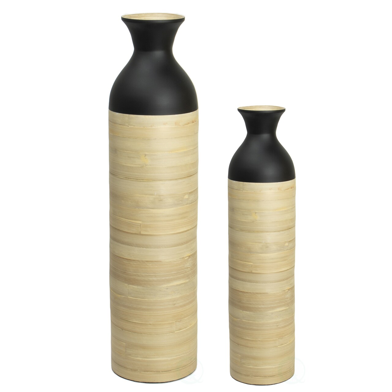 Elegant Black or White Cylinder Shaped Tall Spun Bamboo Floor Vases, Embellished with a Glossy Lacquer, and Enhanced with Natural Bamboo Finish - Stylish Home Decor, Heights of 31 and 23.5 Inches